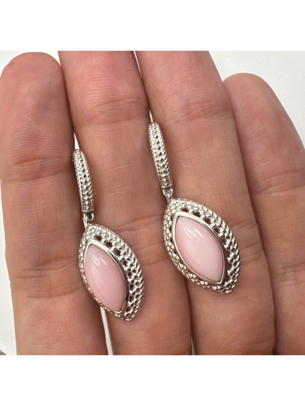 Pink Coral Marquise Dangle Earrings VTG Sterling Silver 925 Size 1.25" Length